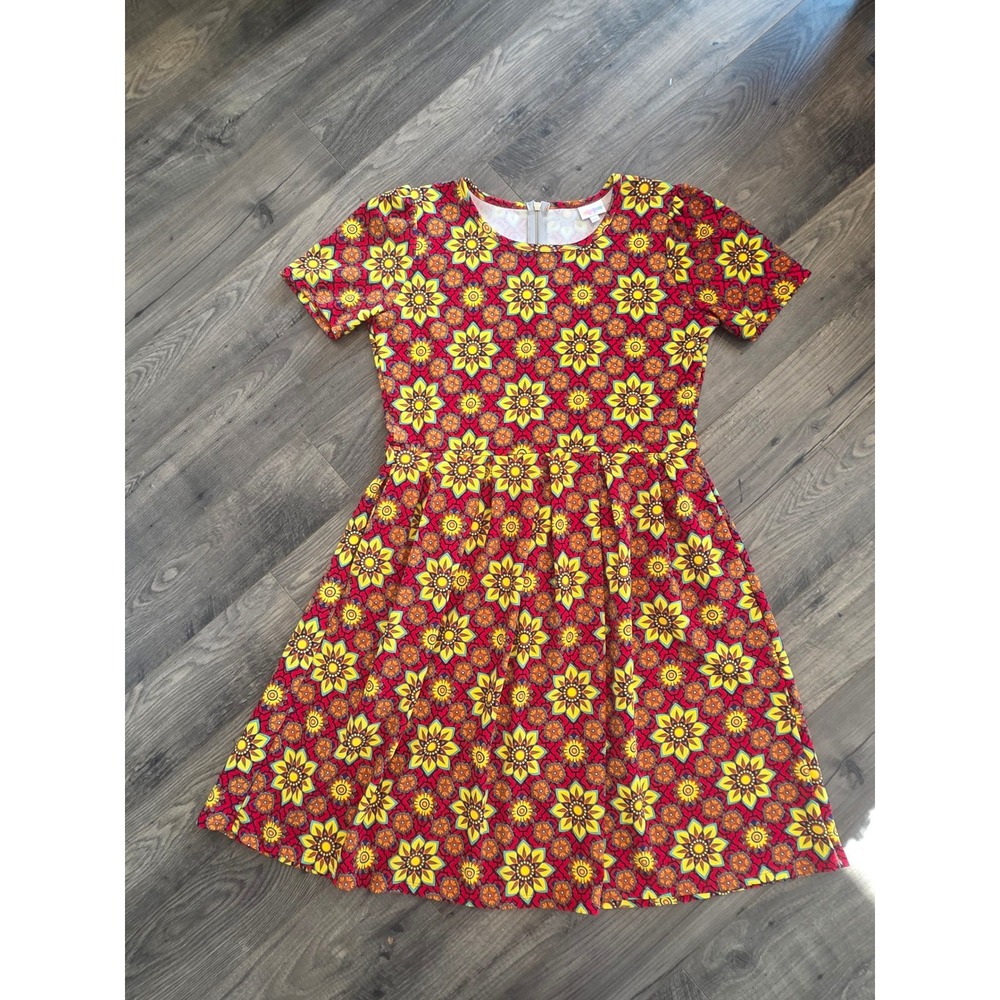 LuLaRoe 2XL Dress Red Yellow Floral Print Short Sleeve Zipper Back Vibrant Party